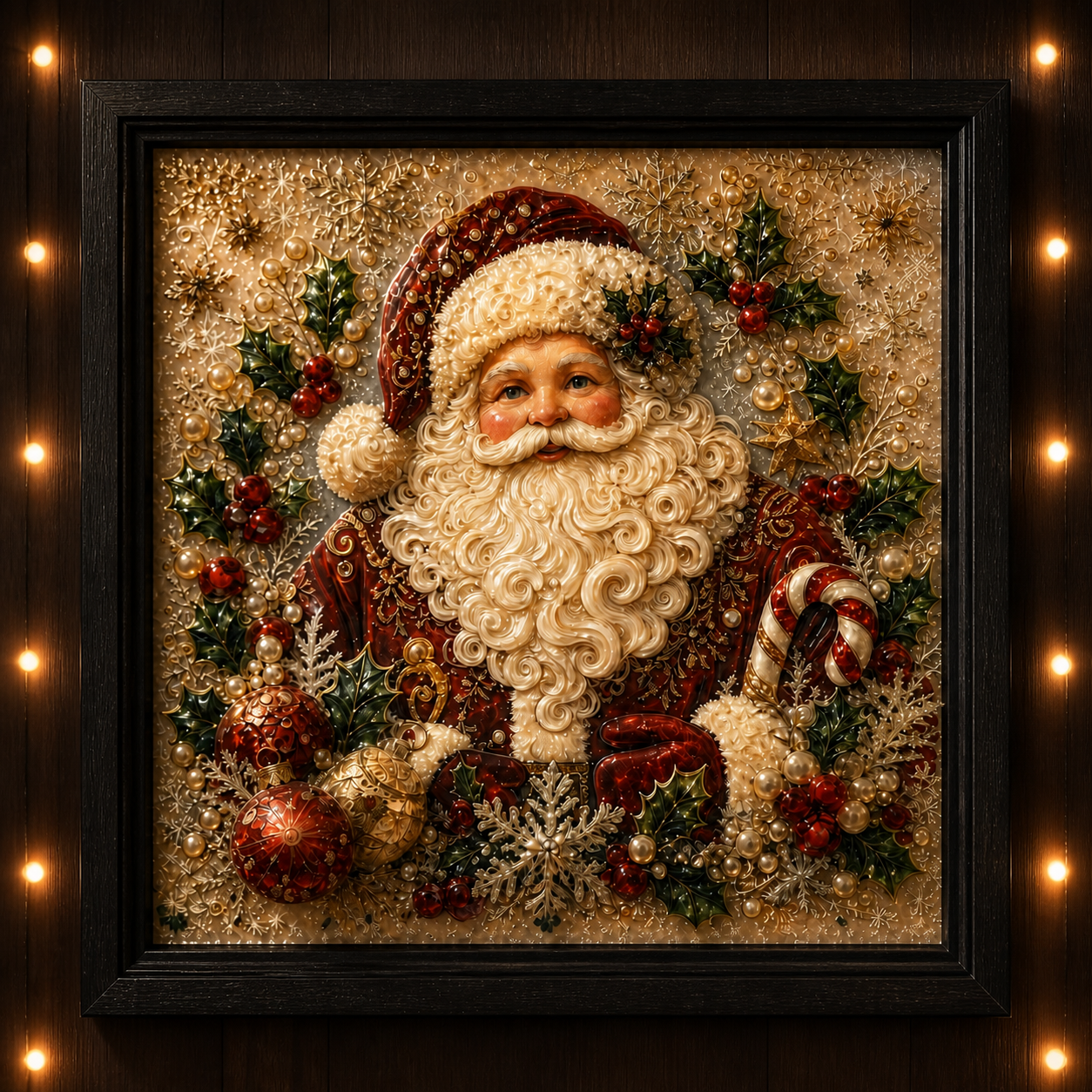Close side-lit view of The Warmest Welcome framed by warm holiday lights.