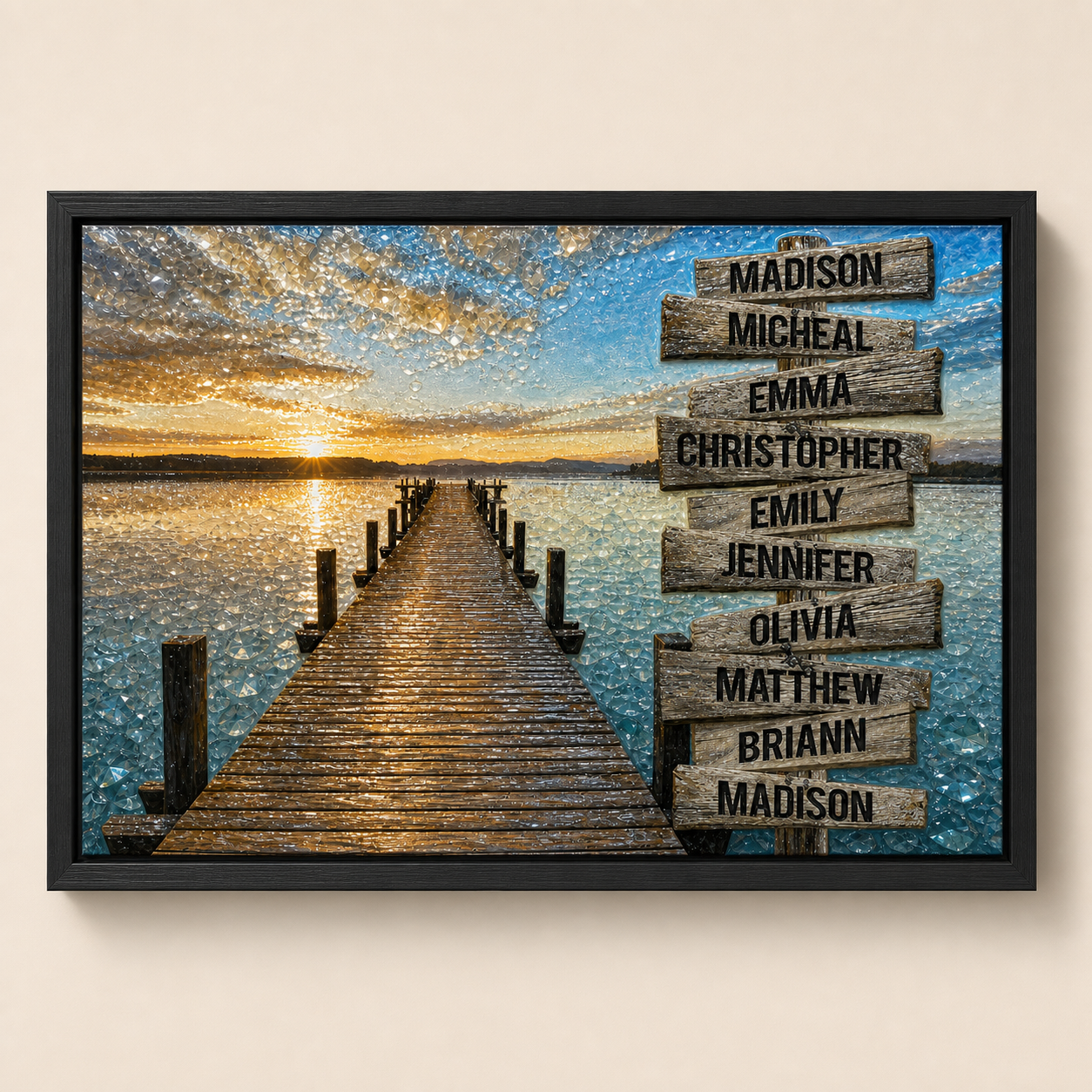 Front view of Where We Gather, a lakeside pier and family signpost artwork.