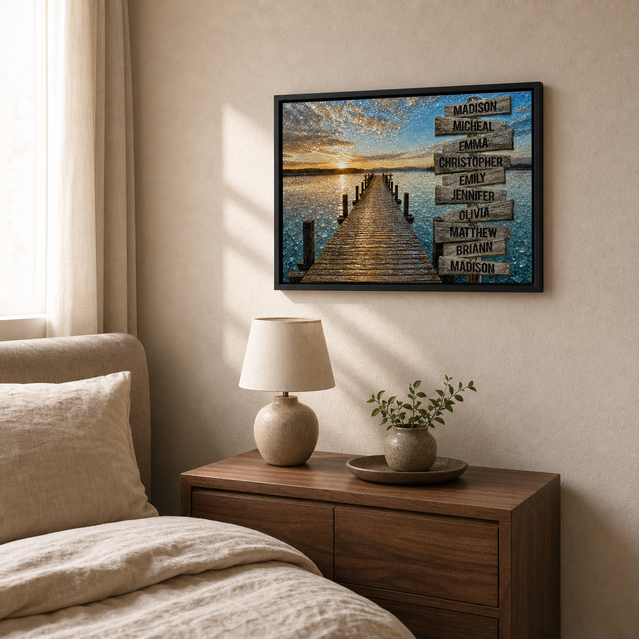 Where We Gather displayed above a bedside table in a neutral bedroom.