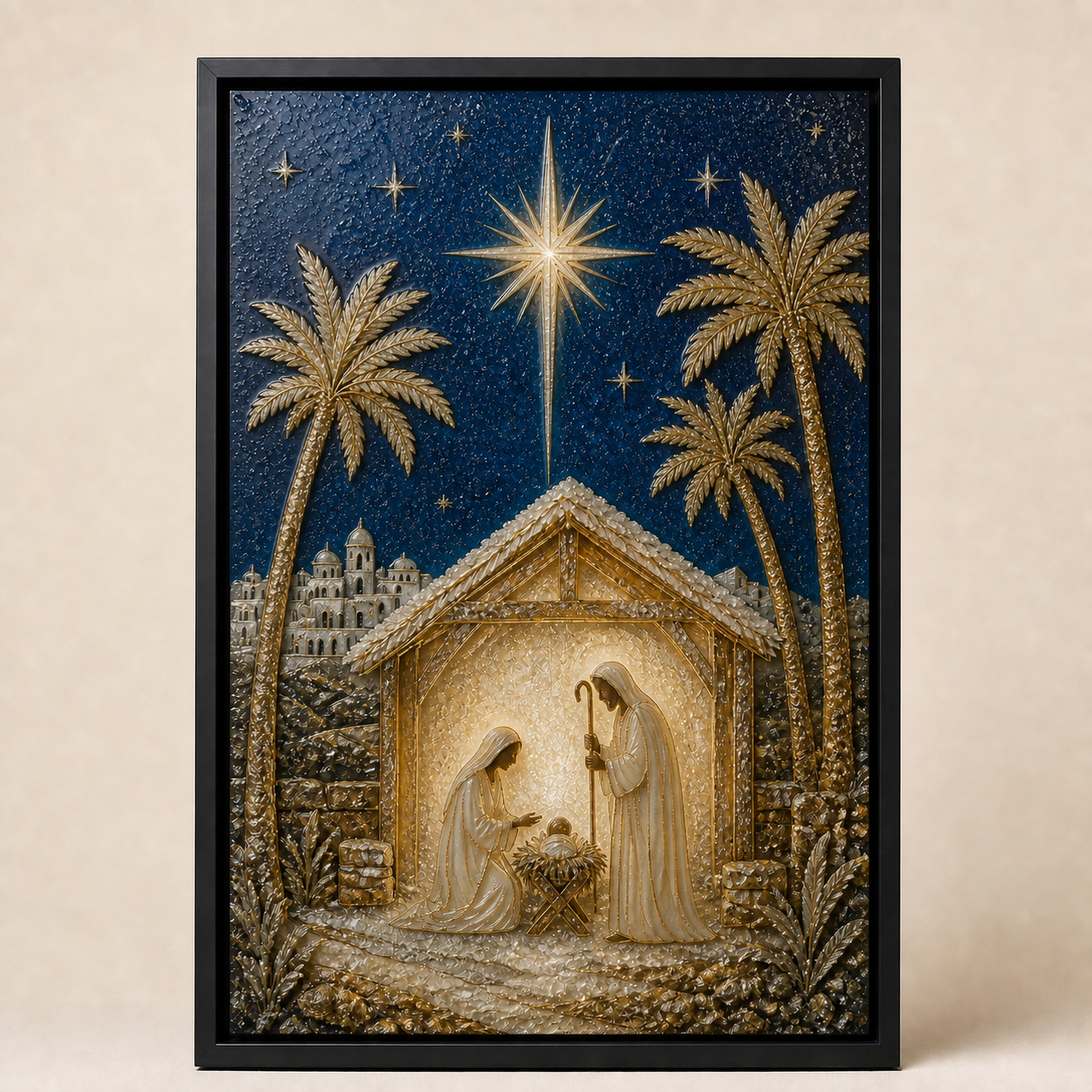 Front view of A Star Over Bethlehem with a golden star, Holy Family, palms, stable, and deep blue sky.