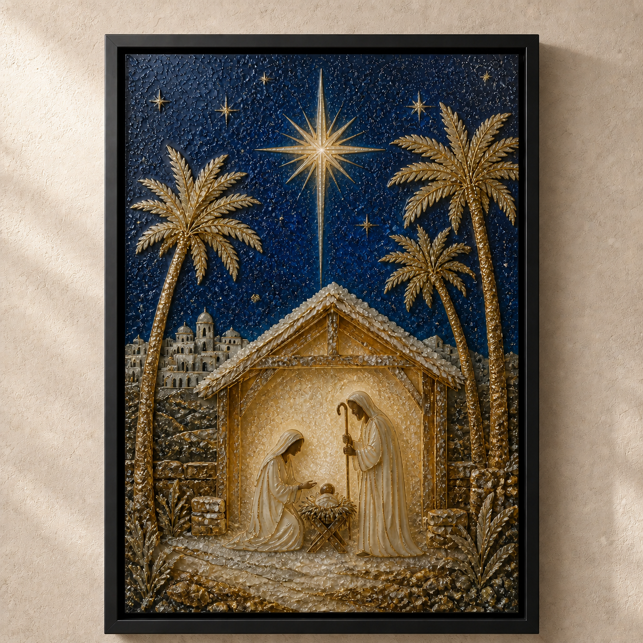 Soft-lit full view showing shallow raised detail across the Bethlehem star, palms, stable, and night sky.