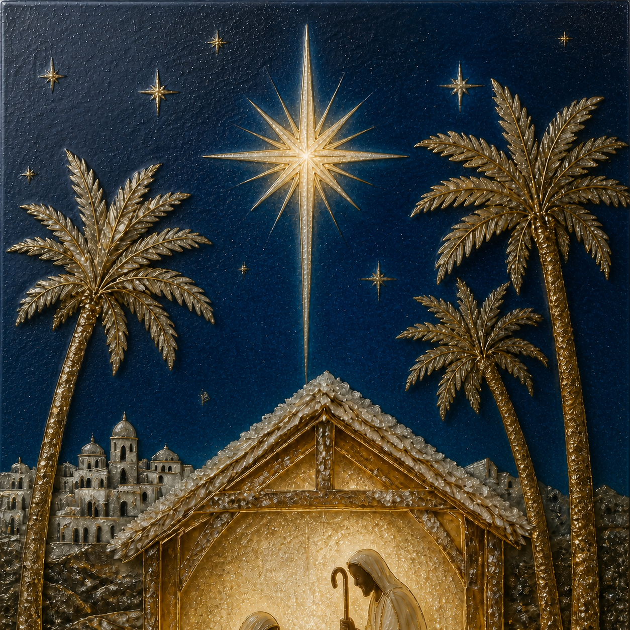 Close view of the golden Bethlehem star, palm trees, distant town, and stable roof.