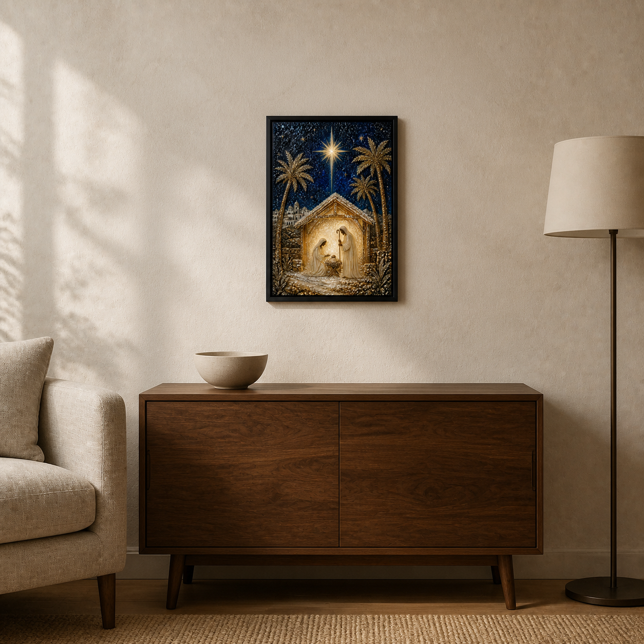 A Star Over Bethlehem displayed above a walnut sideboard in a quiet neutral living room.