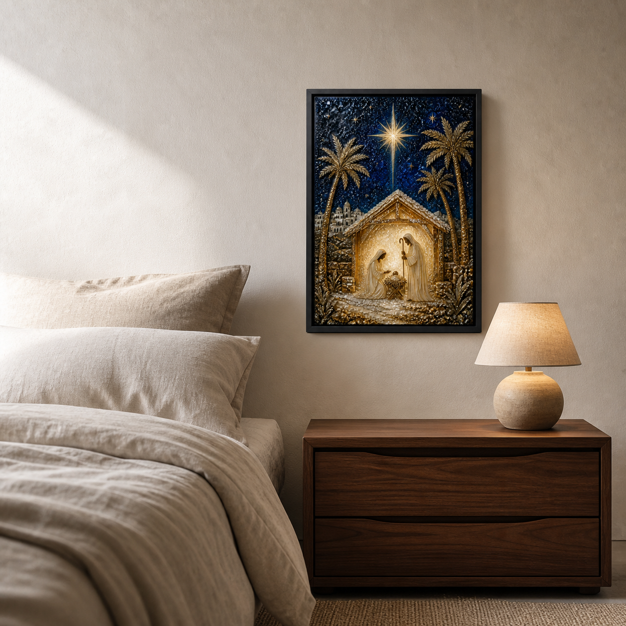 A Star Over Bethlehem displayed beside a bed and warm lamp in a calm bedroom.