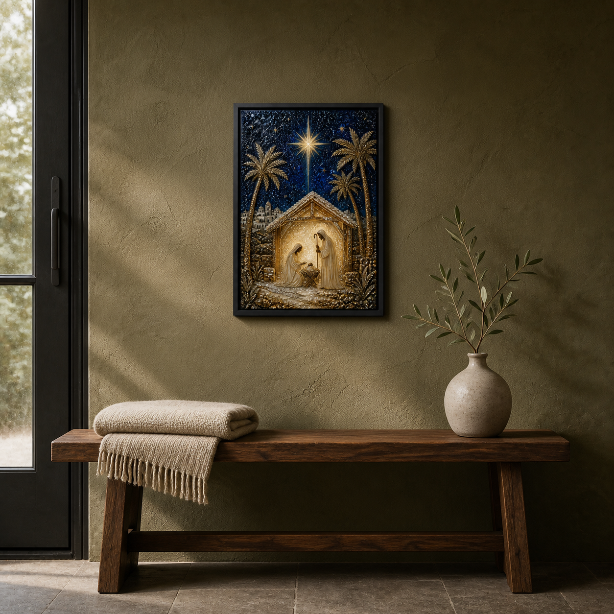 A Star Over Bethlehem displayed above a wood bench on a deep olive-green entryway wall.