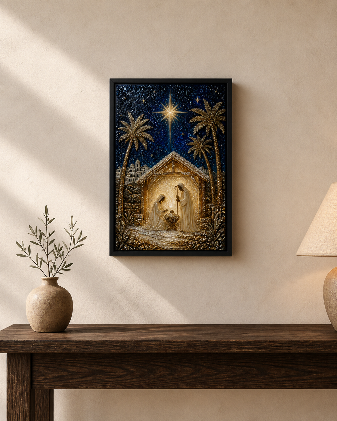 A Star Over Bethlehem displayed above a dark wood console in a warm neutral room.