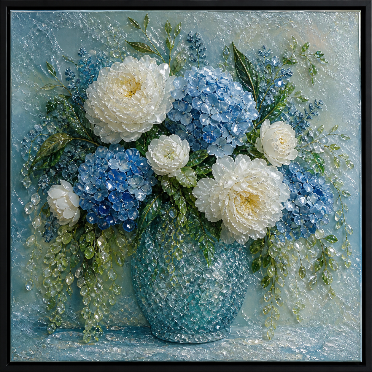 Front view of Blue Morning with white peonies, blue hydrangeas, green leaves, and a translucent blue vase.