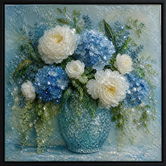 Front view of Blue Morning with white peonies, blue hydrangeas, green leaves, and a translucent blue vase.
