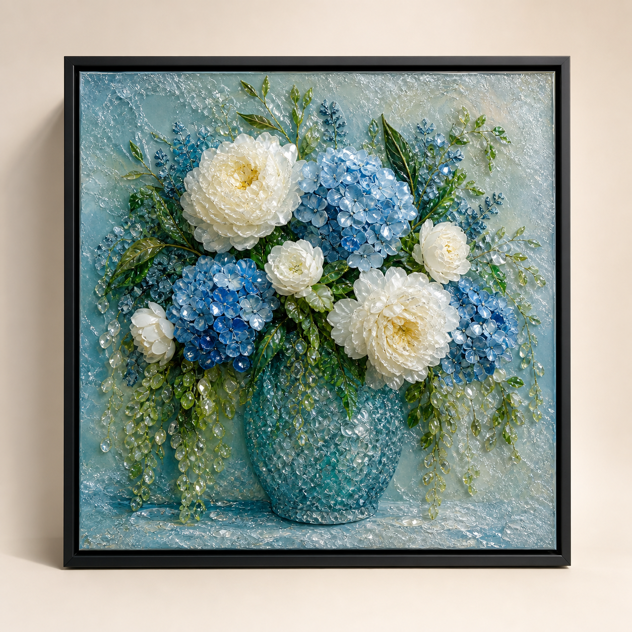 Side-lit view showing raised detail across the peonies, hydrangeas, leaves, and floral vase.