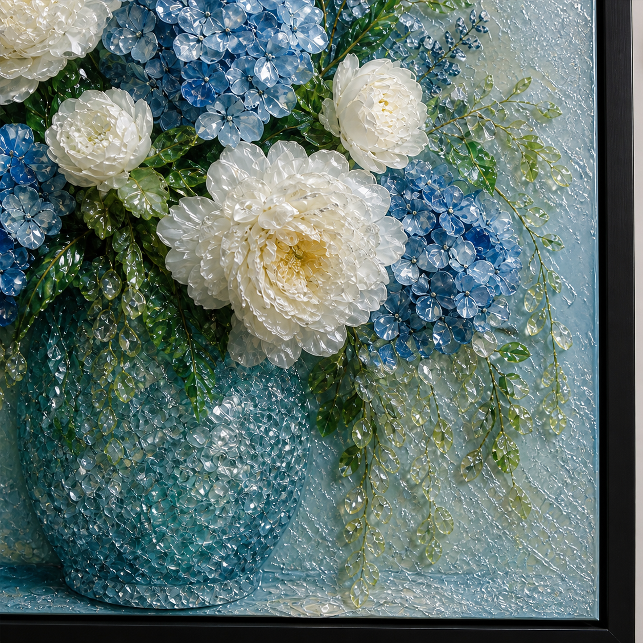 Close-up of white peonies, blue hydrangeas, trailing green leaves, and the textured blue vase.