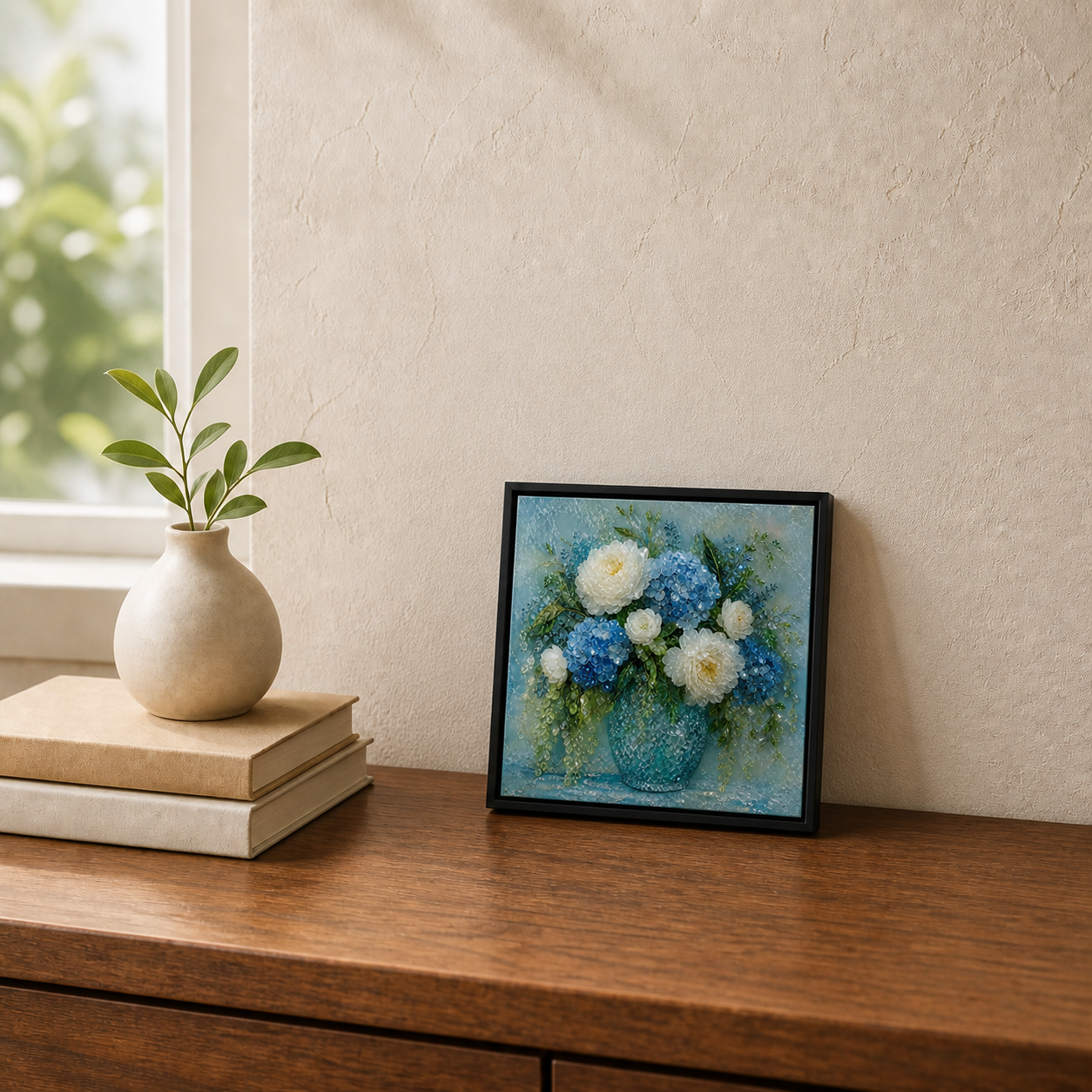 Blue Morning displayed on a walnut tabletop beside books and a small neutral vase.