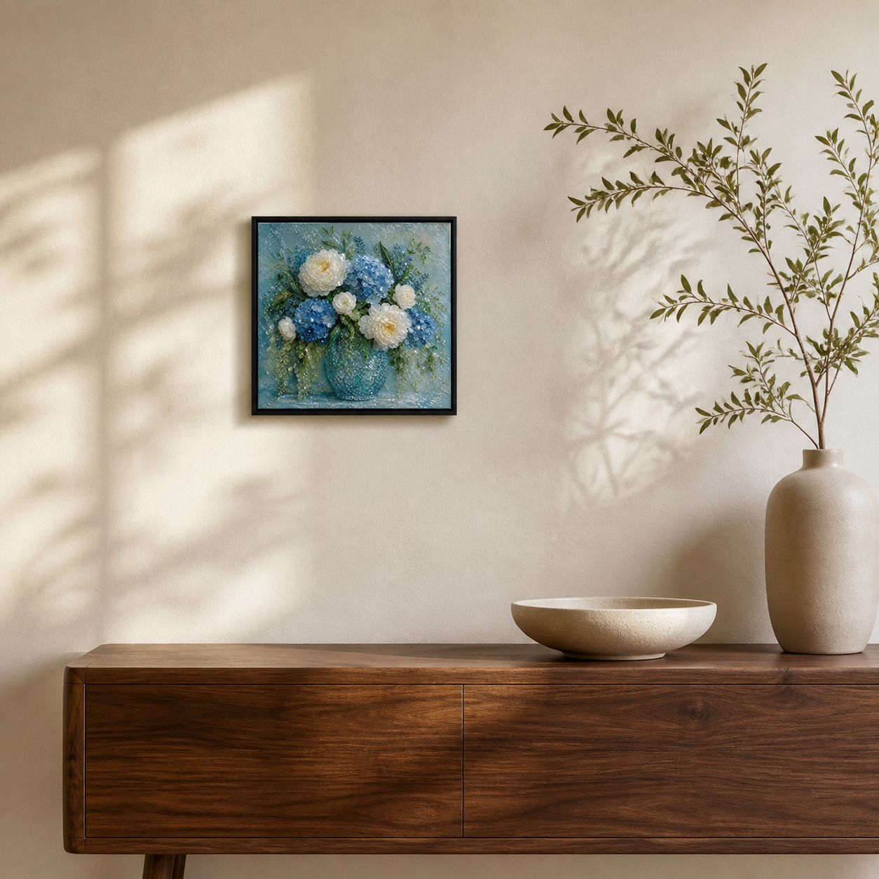 Blue Morning displayed as a compact wall piece above a walnut sideboard.