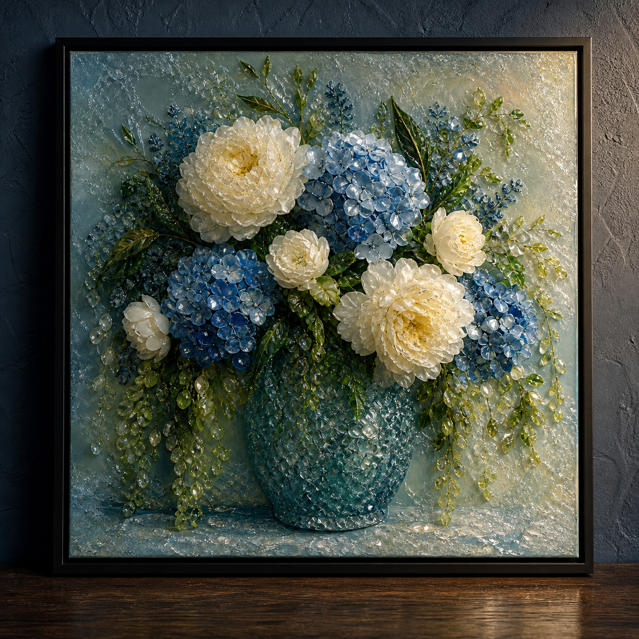 Close view of Blue Morning under soft side light, highlighting petals, clustered blooms, and the blue vase.