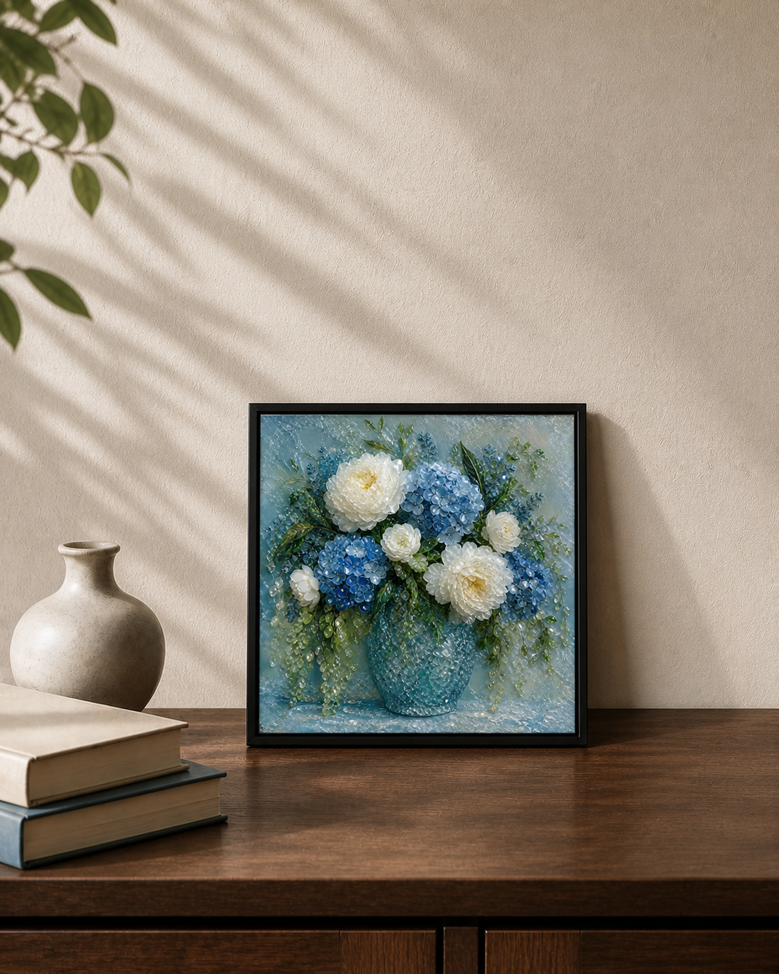 Blue Morning displayed on a dark wood console beside books and a ceramic vase.