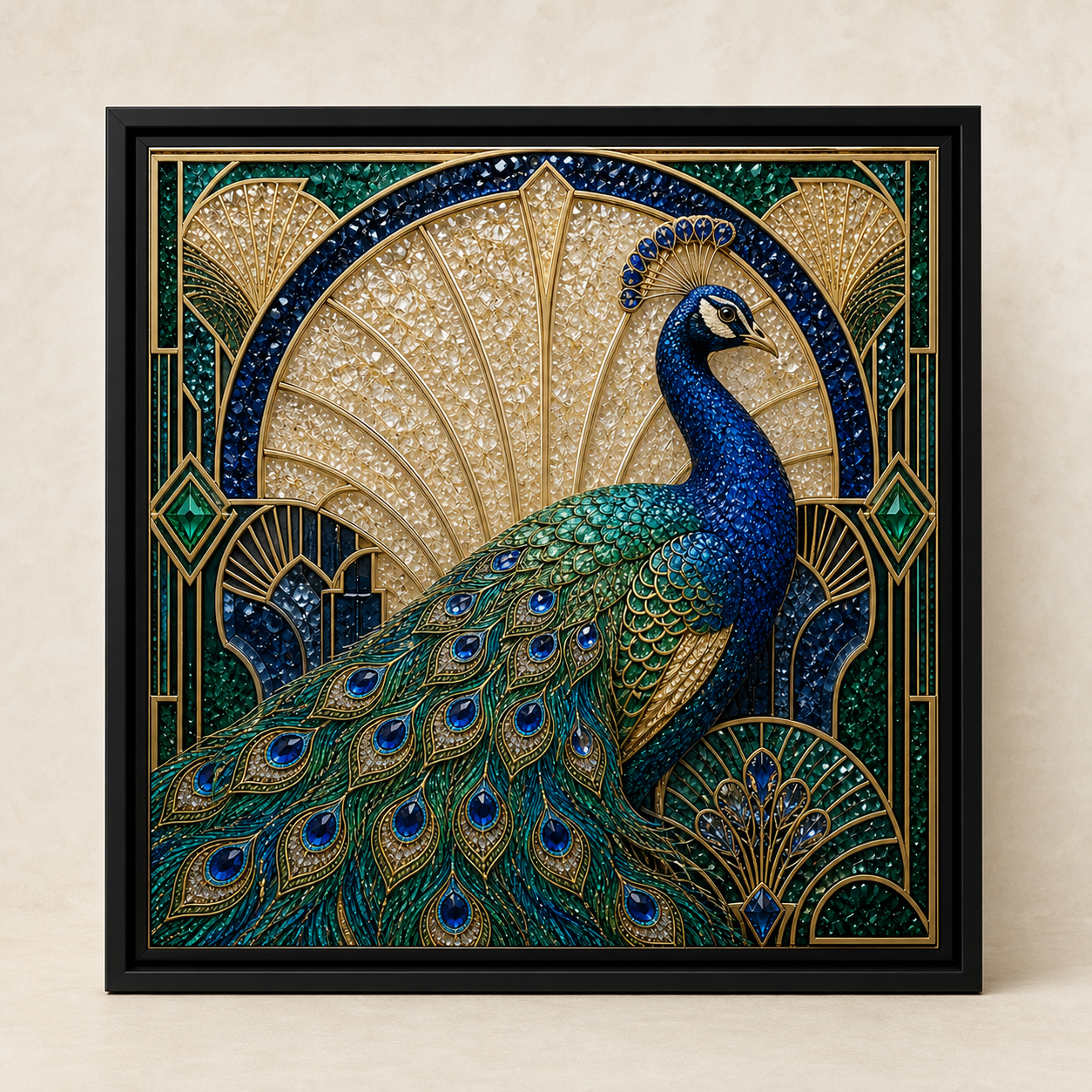 Front view of Gilded Grace with a cobalt peacock, blue-green tail, cream fan, emerald corners, and gold Art Deco lines.