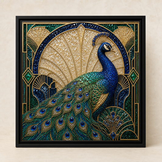 Front view of Gilded Grace with a cobalt peacock, blue-green tail, cream fan, emerald corners, and gold Art Deco lines.