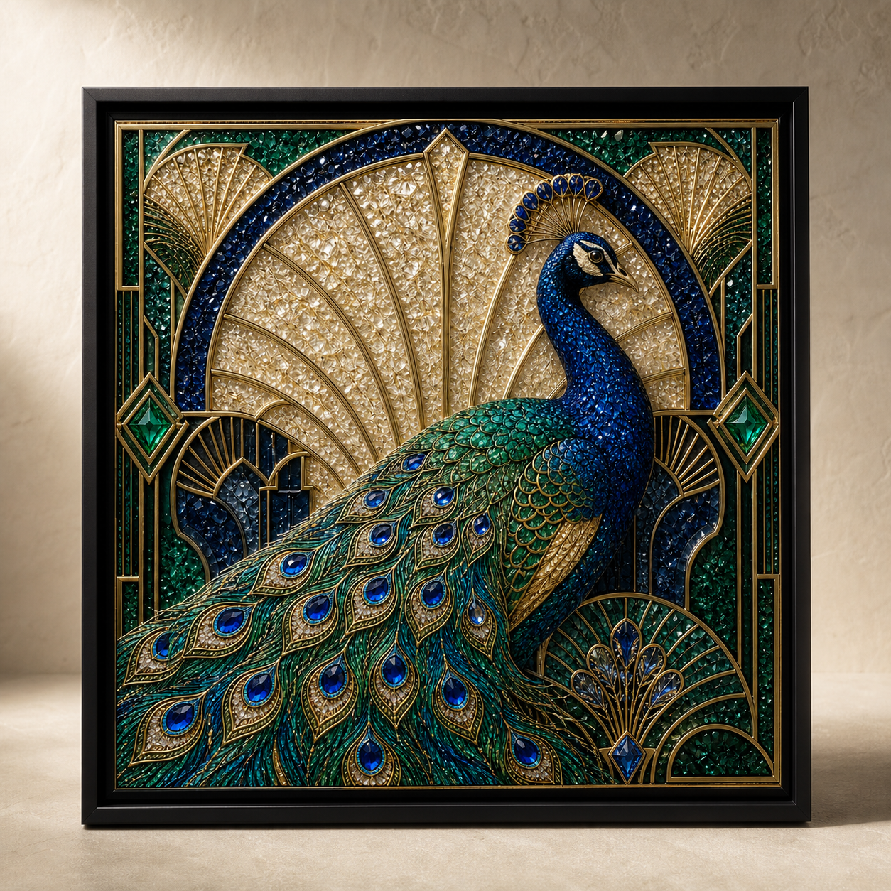 Side-lit view showing raised detail across the peacock plumage, fan shapes, and gold geometry.