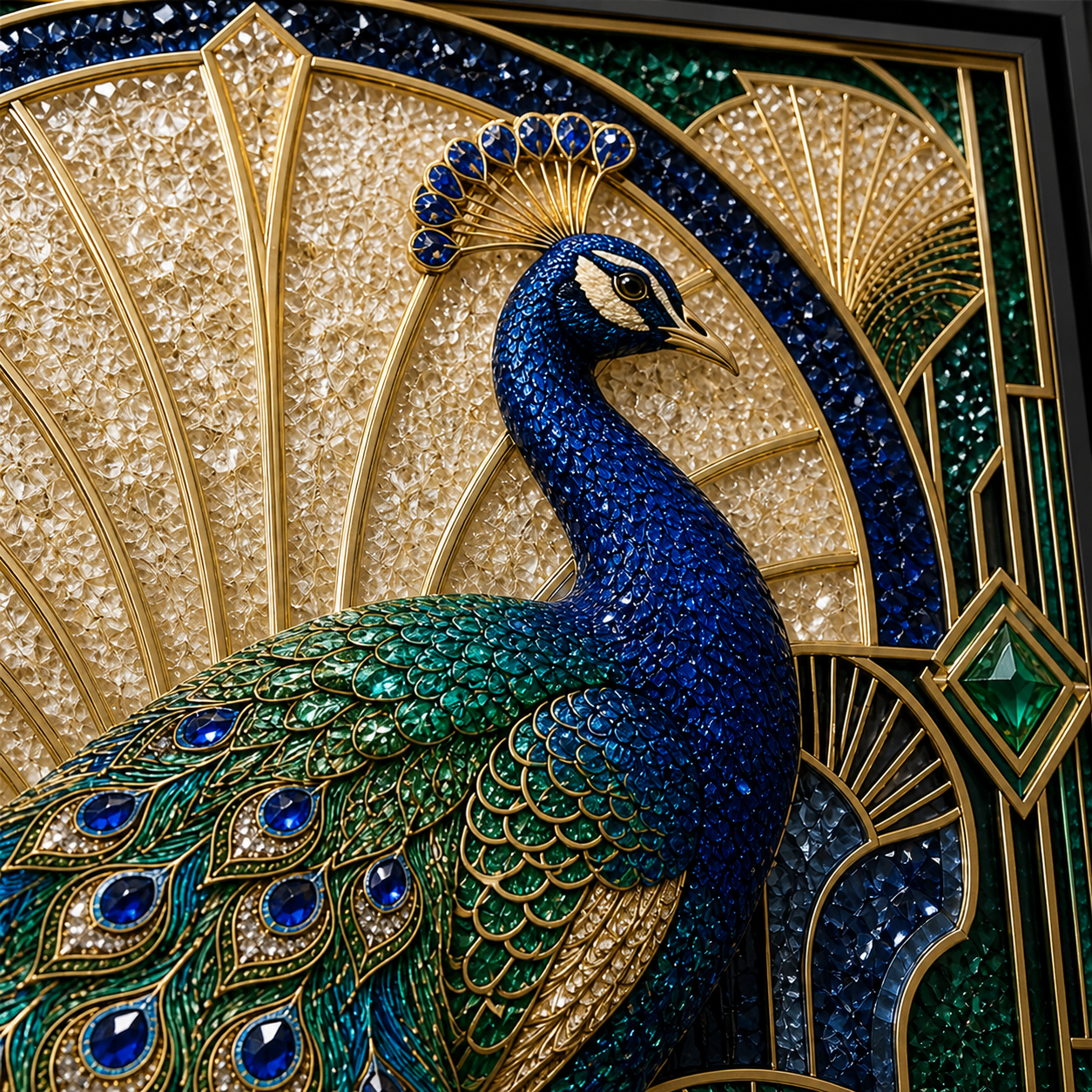 Close-up of the peacock’s cobalt head, crown, chest feathers, and cream Art Deco fan.