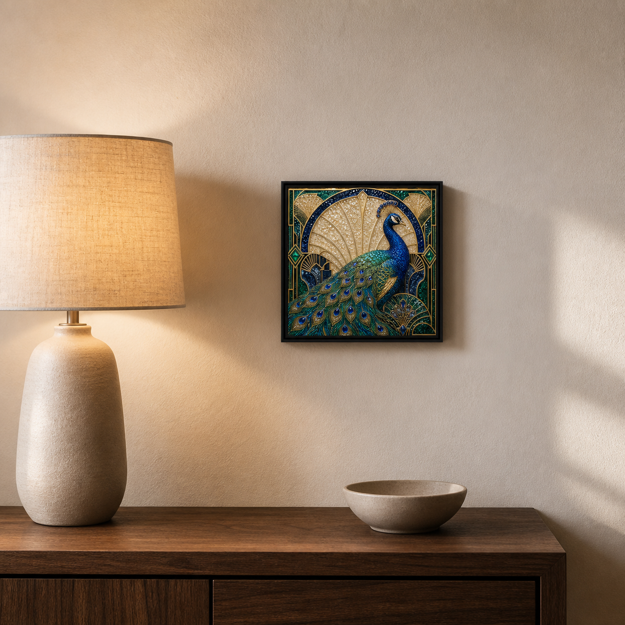 Gilded Grace displayed as a compact wall piece beside a warm table lamp.