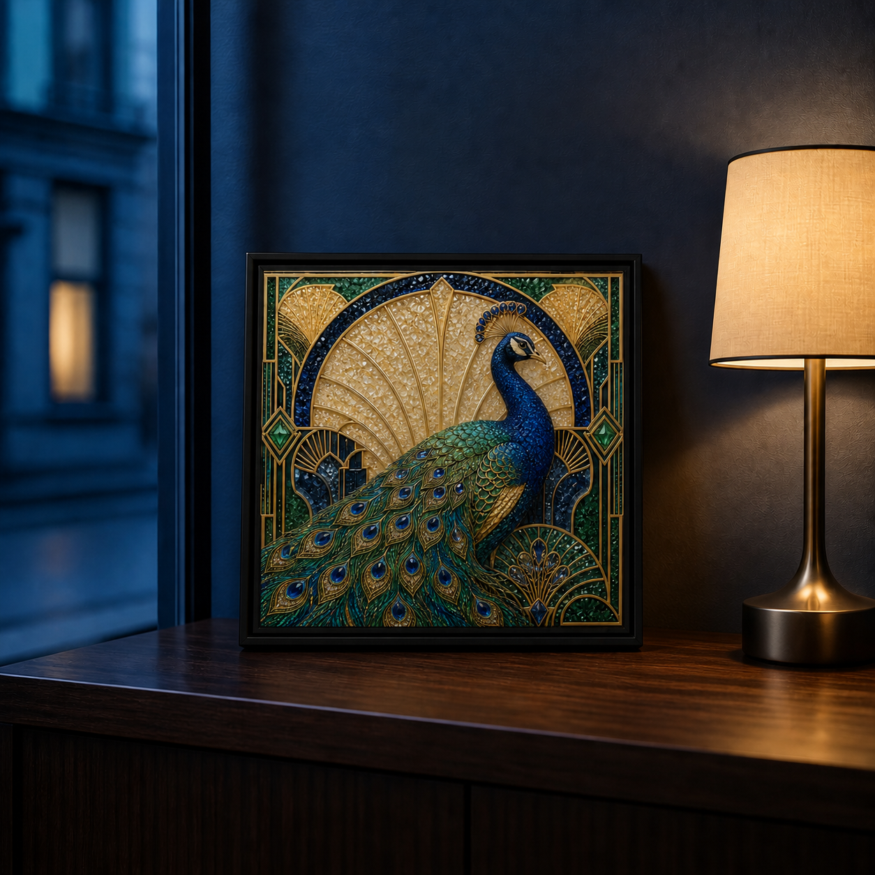 Gilded Grace displayed on a dark wood console beside a warm lamp at blue hour.