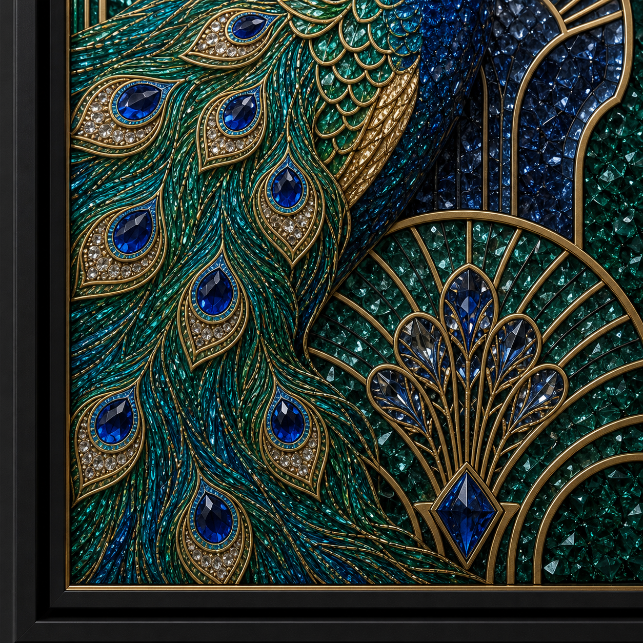 Close-up of blue-green peacock tail eyes, gold lines, and the emerald lower fan under side light.