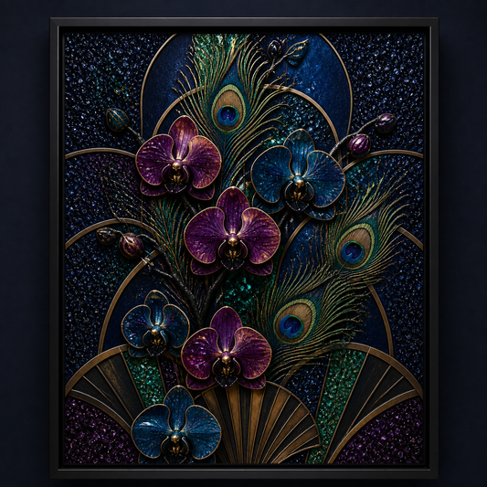 Front view of Nocturne in Bloom with purple and blue orchids, peacock feathers, gold arcs, and Art Deco fans.