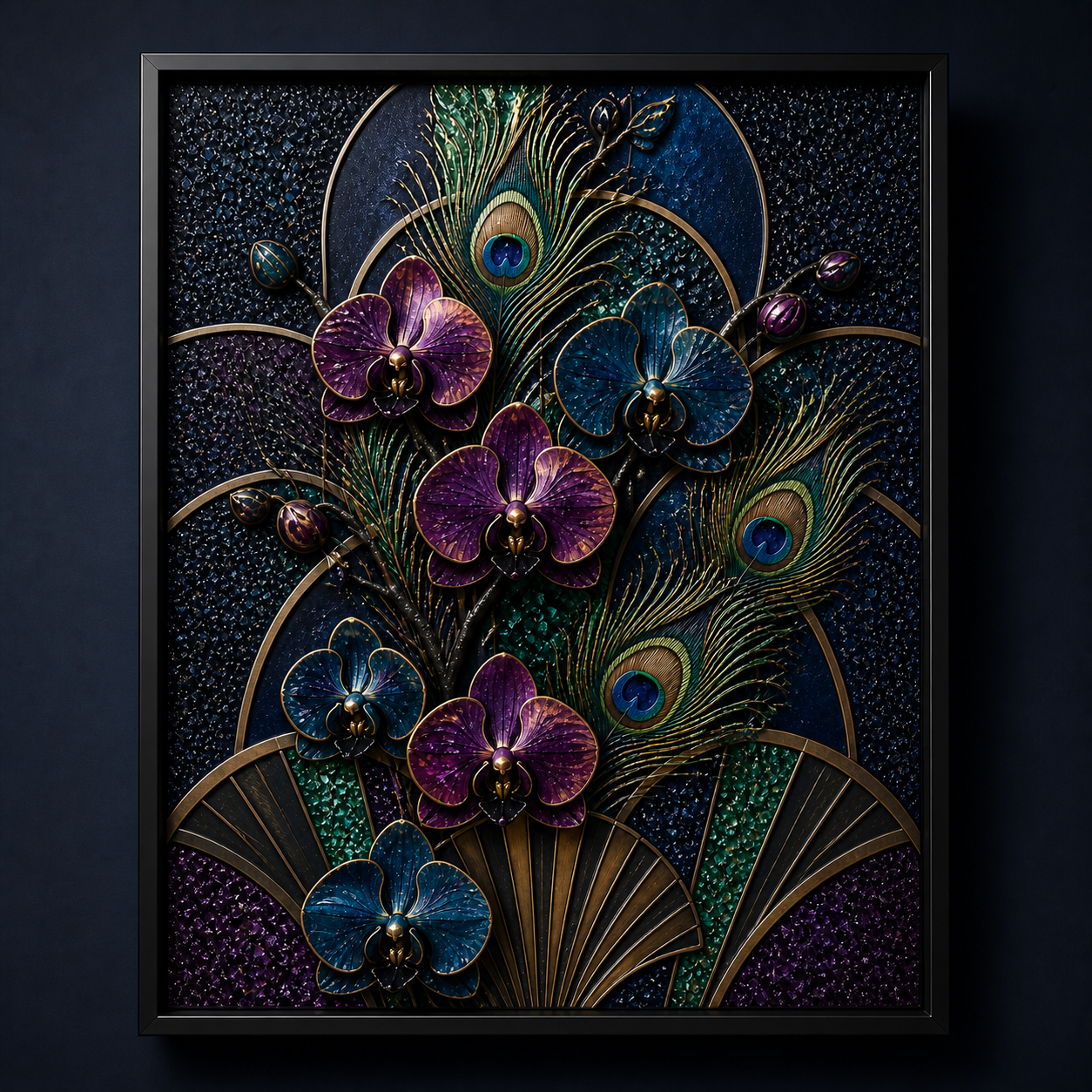 Side-lit view showing shallow raised detail across the orchids, peacock feathers, and gold geometry.