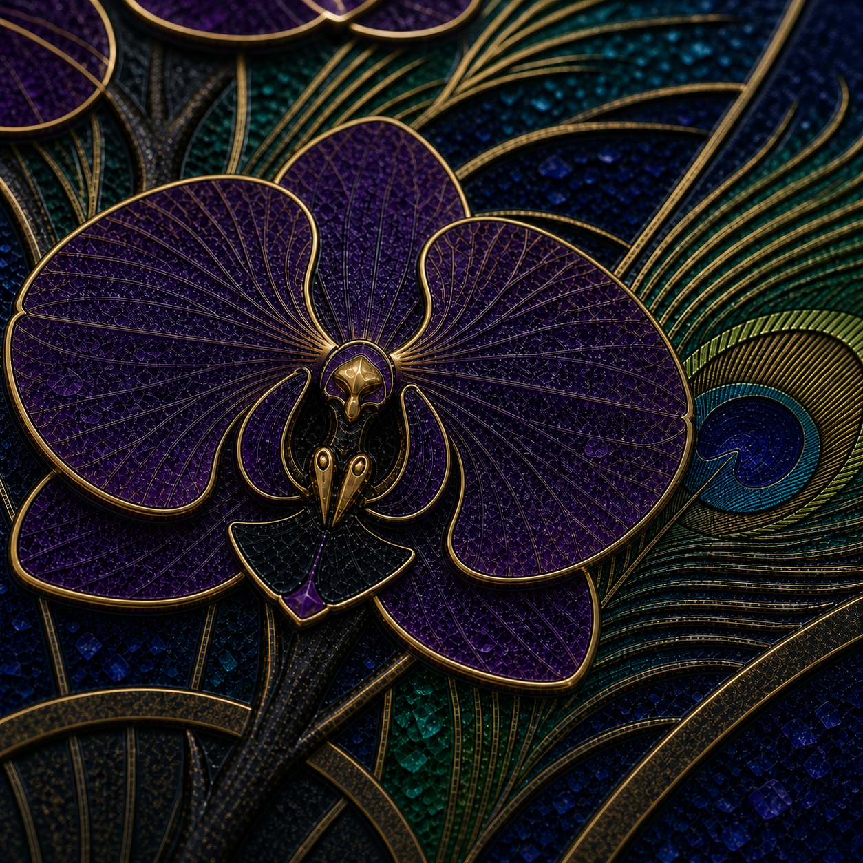 Angled close-up of a violet orchid, peacock feather lines, and light-catching raised textures.