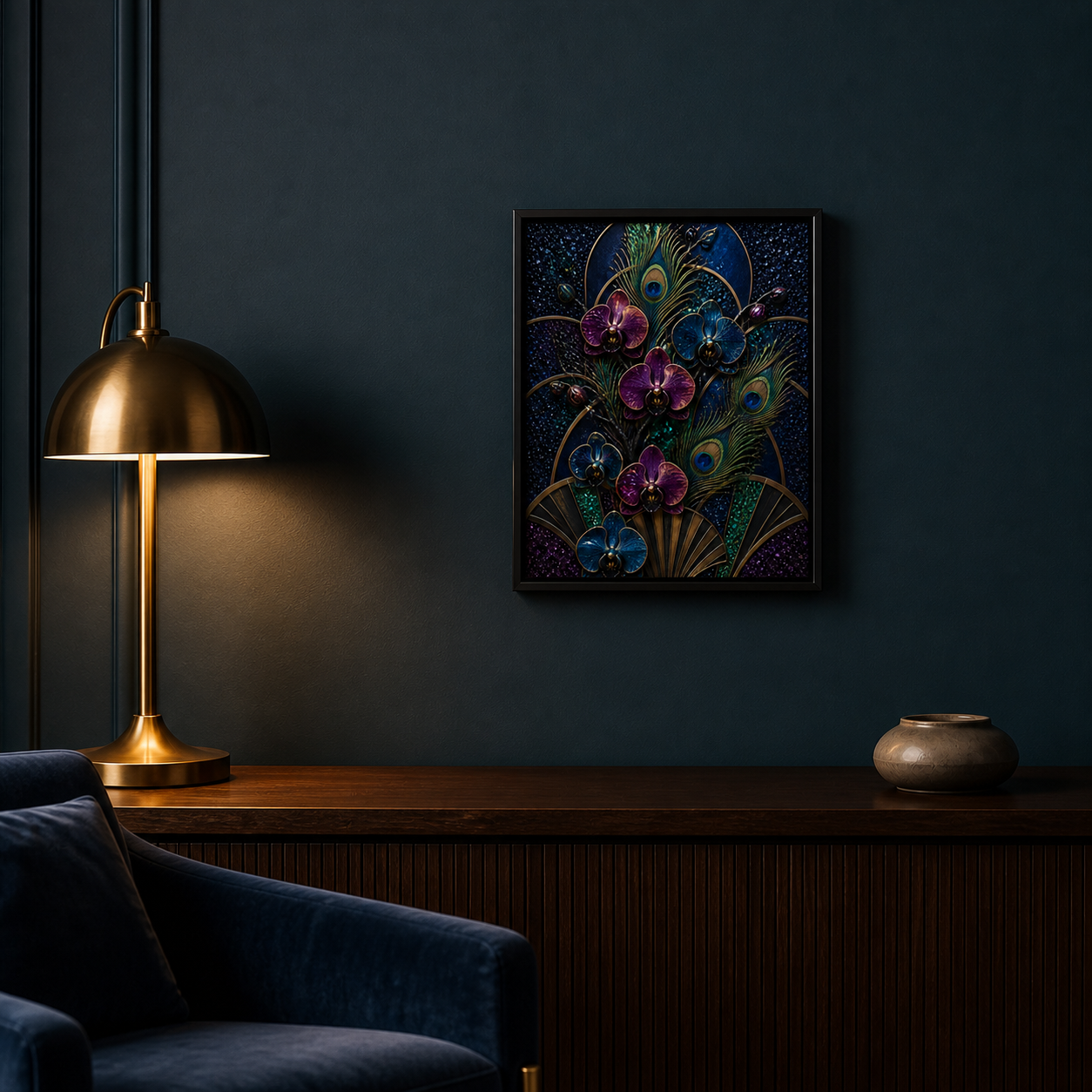 Nocturne in Bloom displayed above a dark wood console in an elegant blue-green living room.
