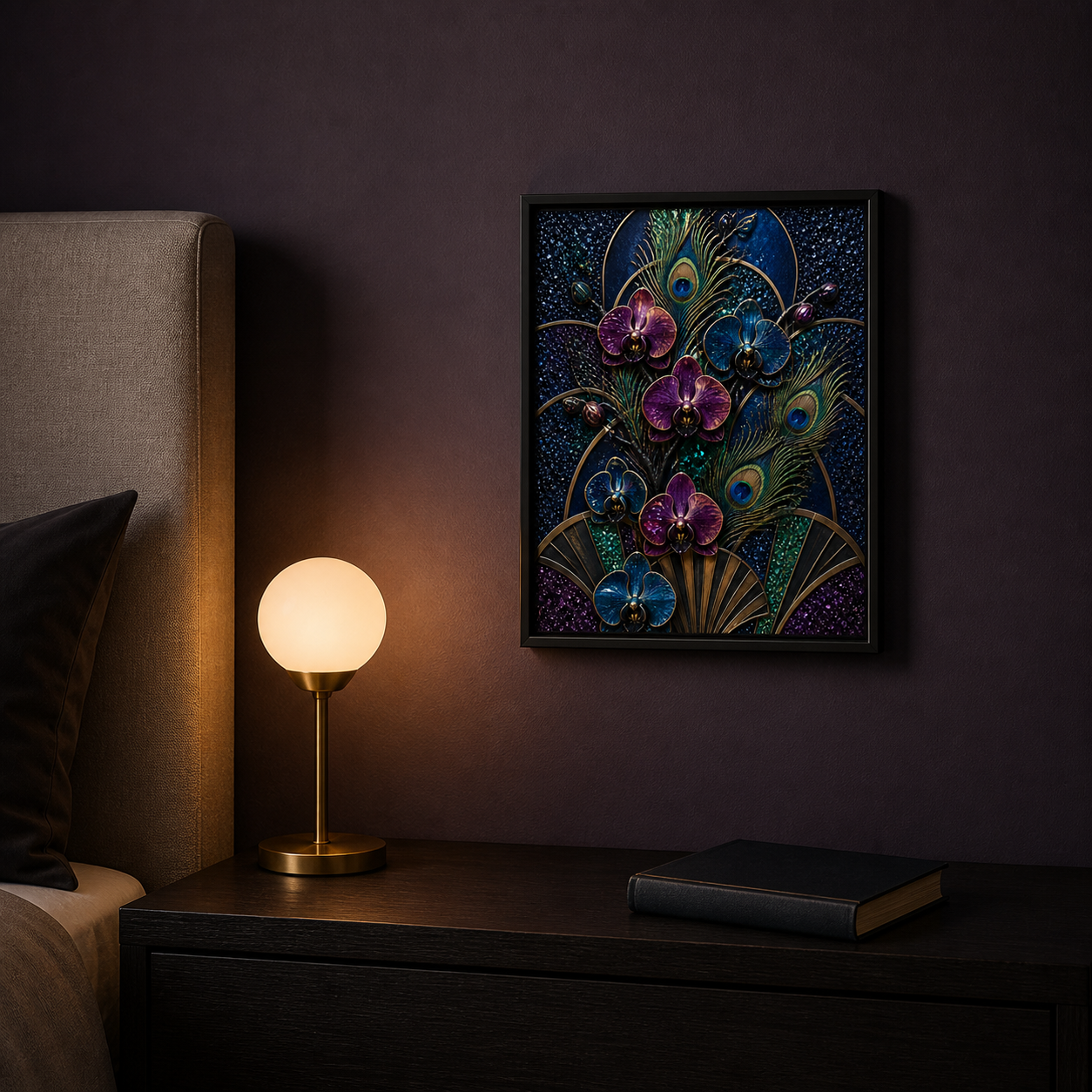 Nocturne in Bloom displayed beside a warm globe lamp in a deep plum bedroom.
