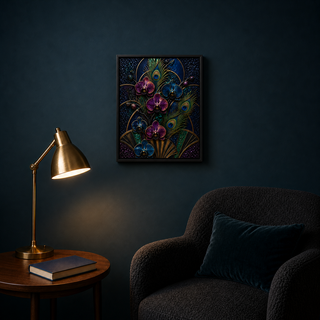 Nocturne in Bloom displayed beside a brass reading lamp in a moody blue reading corner.