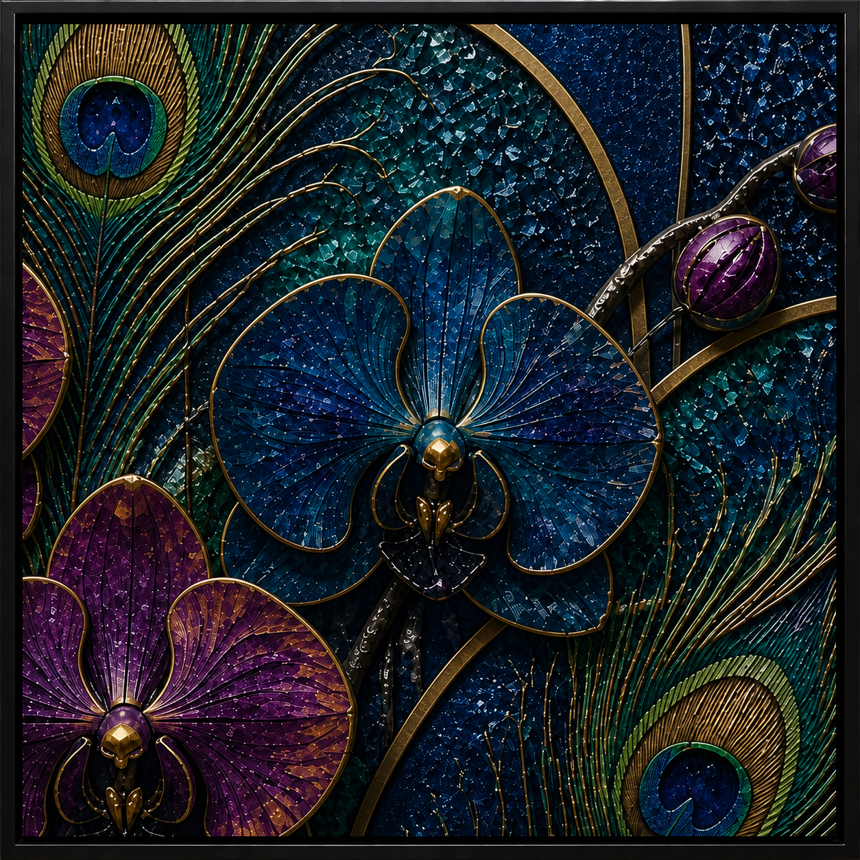 Close view of blue orchids, peacock feather eyes, and gold lines under soft side light.