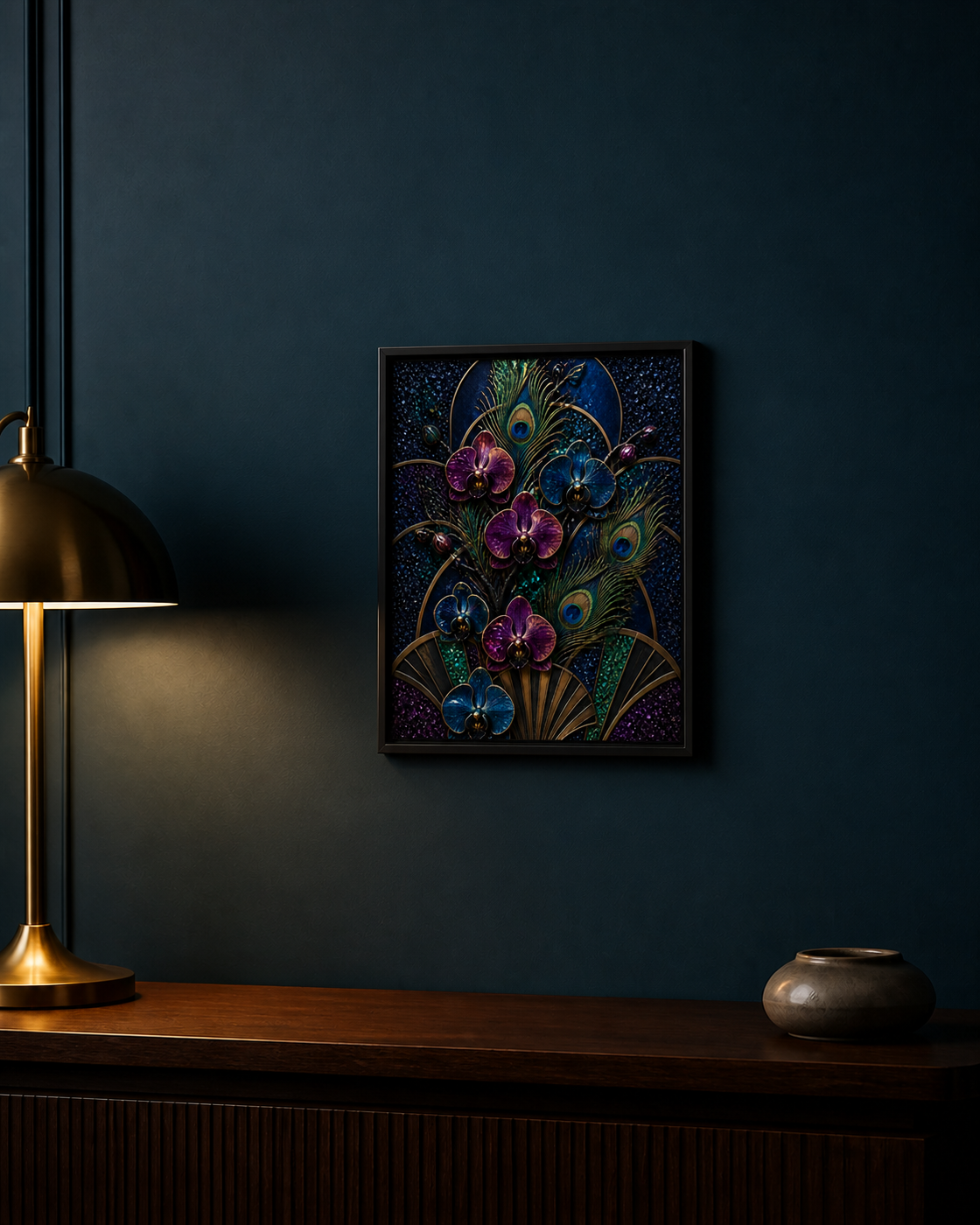 Nocturne in Bloom displayed above a dark wood console in a deep blue interior.