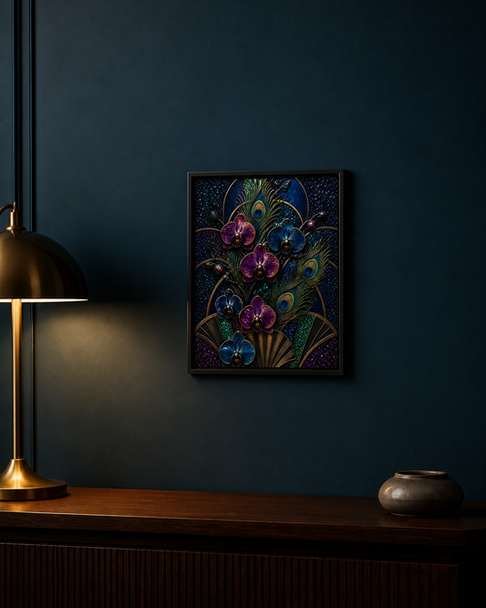 Nocturne in Bloom displayed above a dark wood console in a deep blue interior.