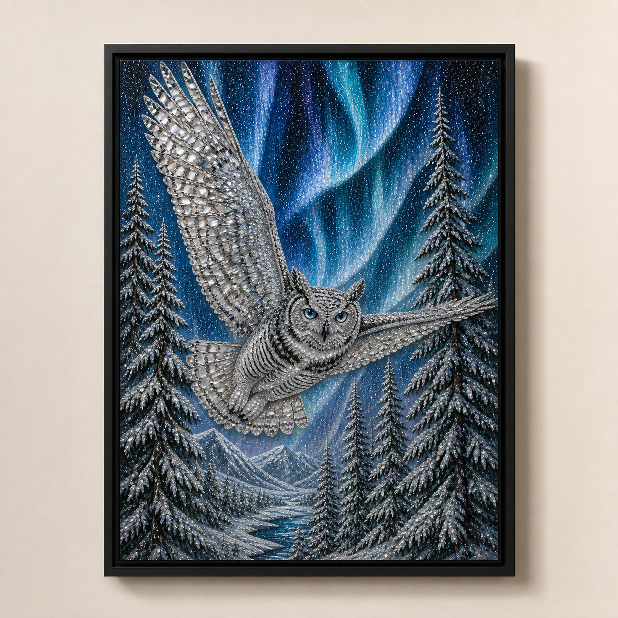 Front view of Under Northern Skies with a silver snowy owl, blue aurora, snow-covered firs, and glacial valley.