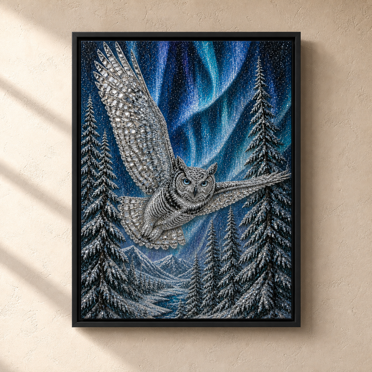 Side-lit view showing raised detail across the snowy owl, aurora, winter forest, and mountains.