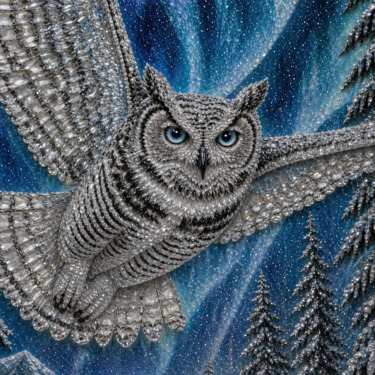 Close-up of the snowy owl’s blue eyes, silver feathers, spread wings, and light-catching raised accents.