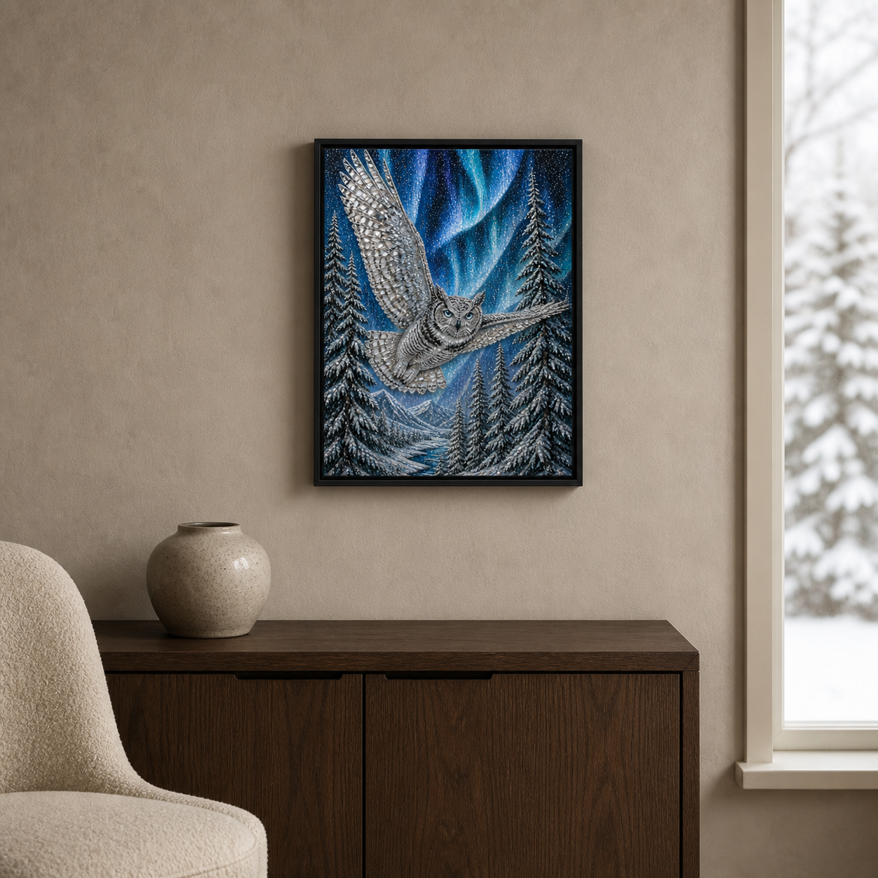Under Northern Skies displayed above a walnut console in a bright winter living room.