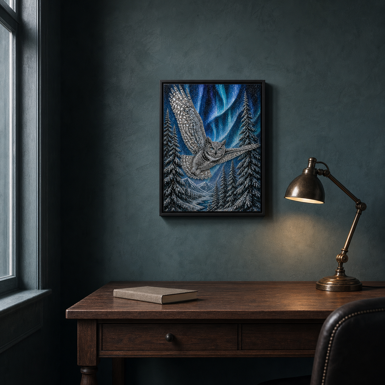 Under Northern Skies displayed above a dark wood desk in a deep blue-green study.