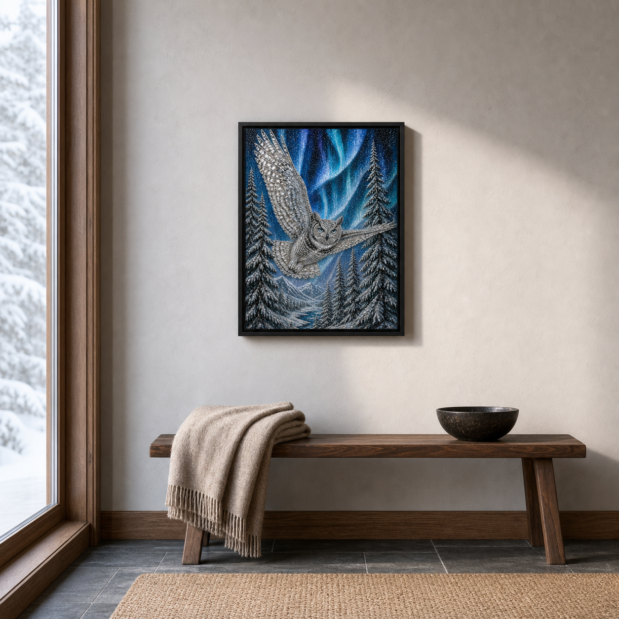 Under Northern Skies displayed above a wood bench in a softly lit winter entryway.