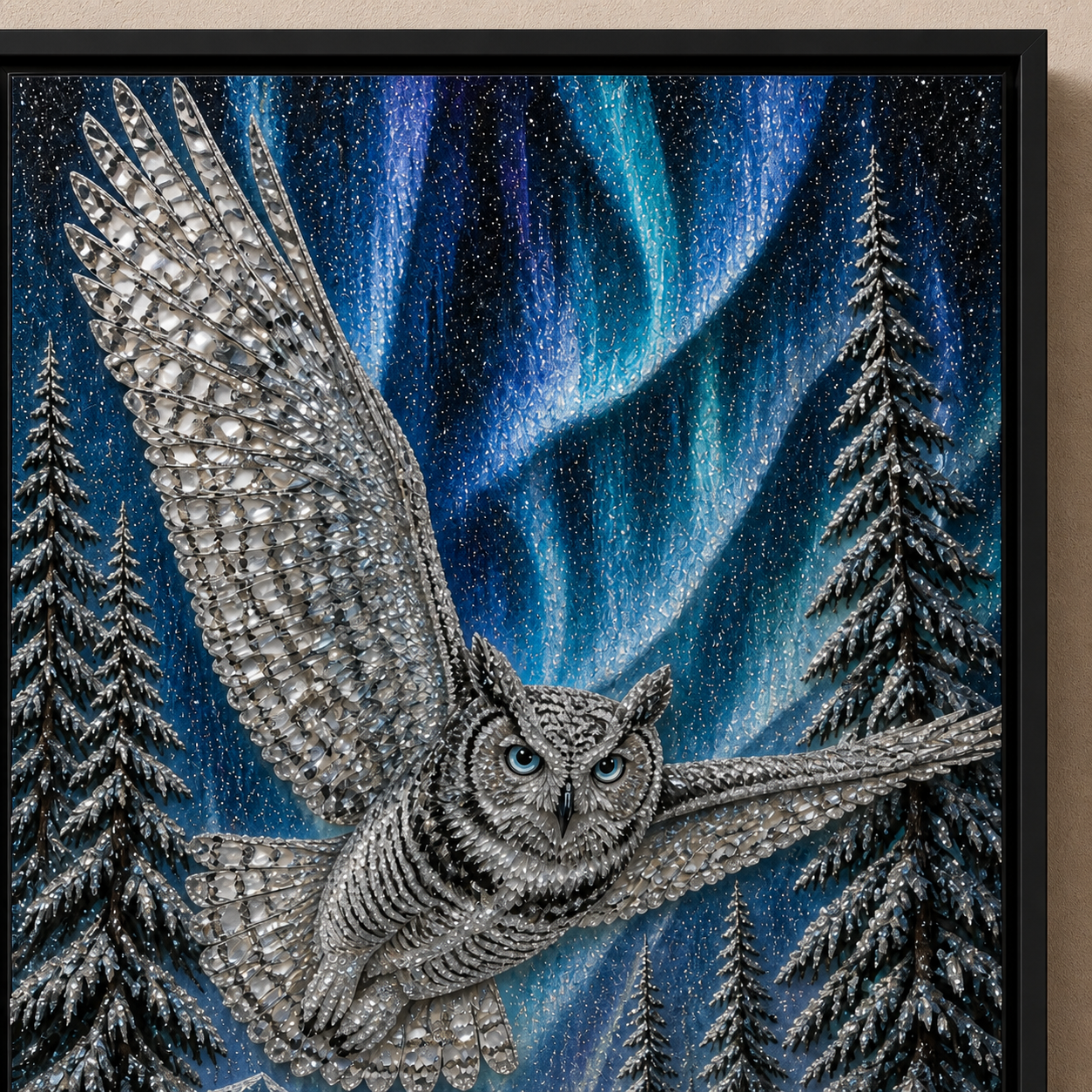 Close view of the snowy owl’s raised wing and blue aurora under directional light.