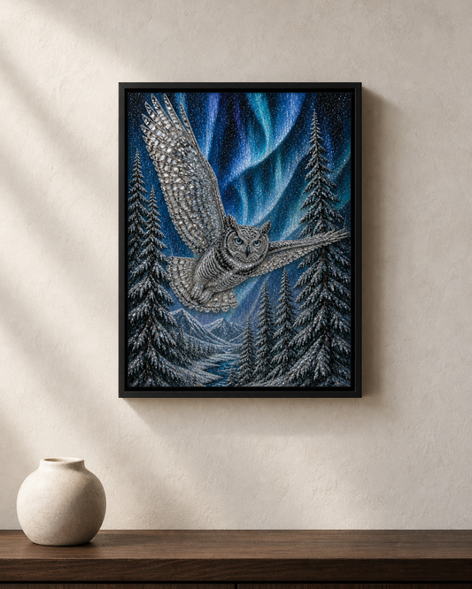 Under Northern Skies displayed above a dark wood console in a warm neutral room.