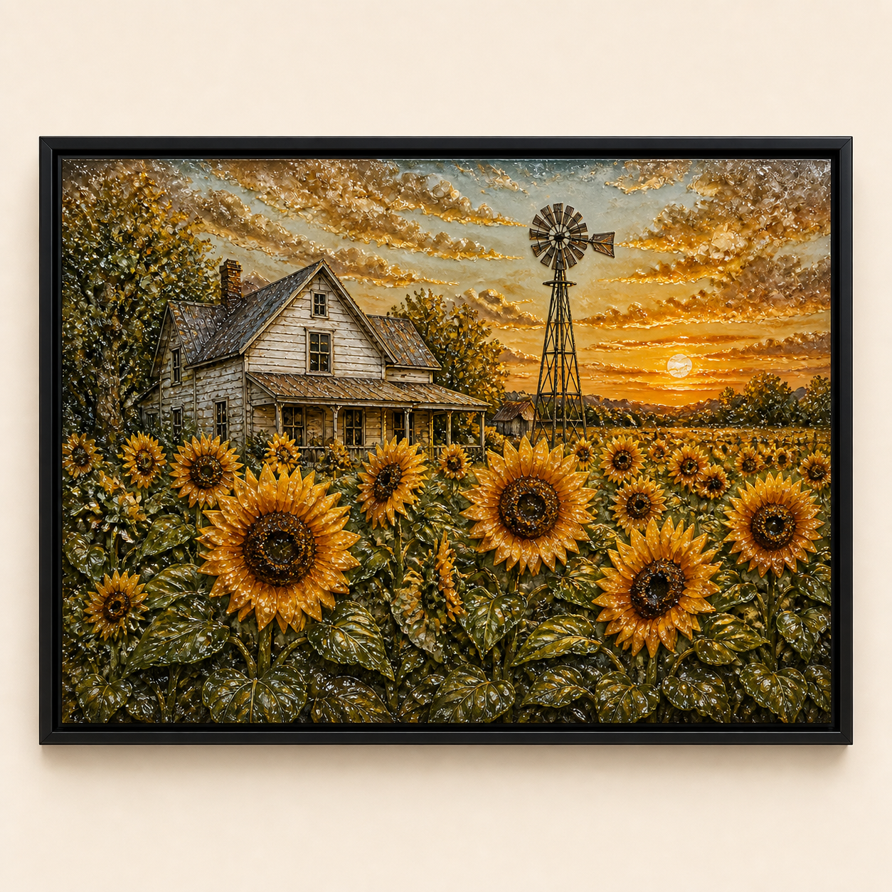 Front view of Where the Sun Rests with sunflowers, a white farmhouse, windmill, and golden sunset.