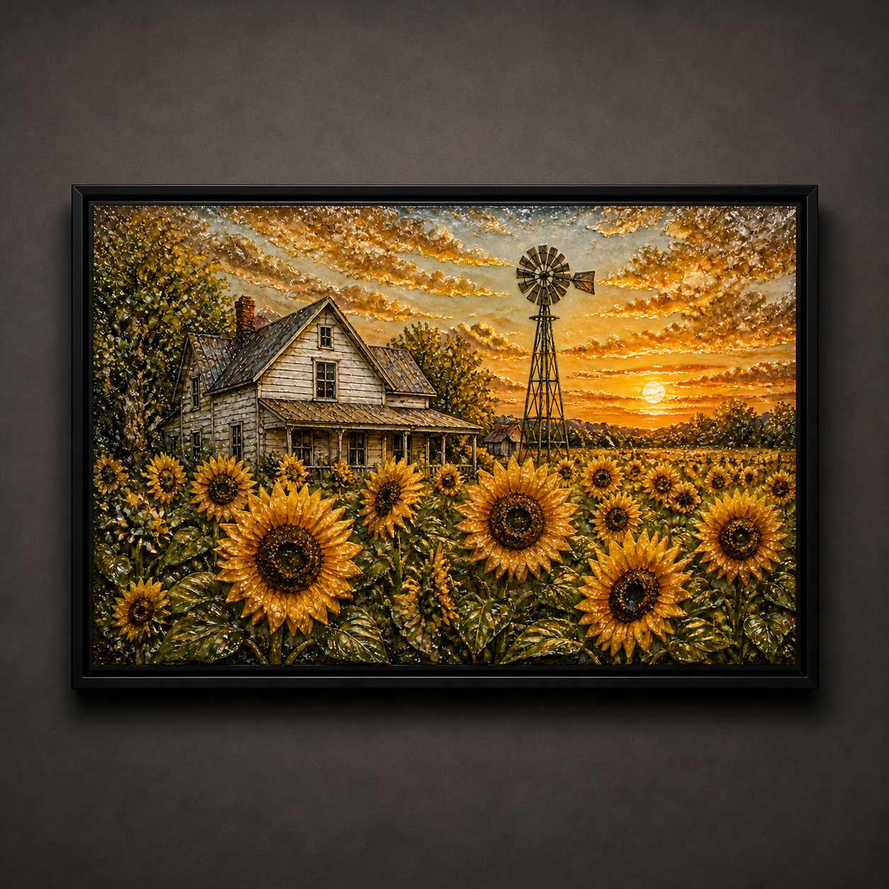 Side-lit view showing raised detail across the sunflowers, farmhouse, windmill, and amber clouds.