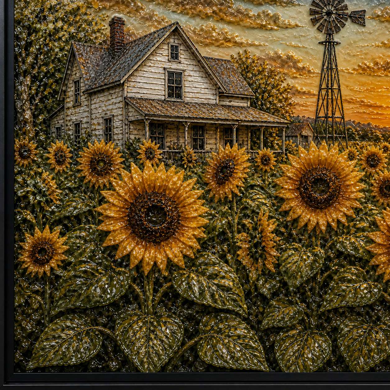 Close-up of golden sunflowers, textured green leaves, the white farmhouse, and part of the windmill.