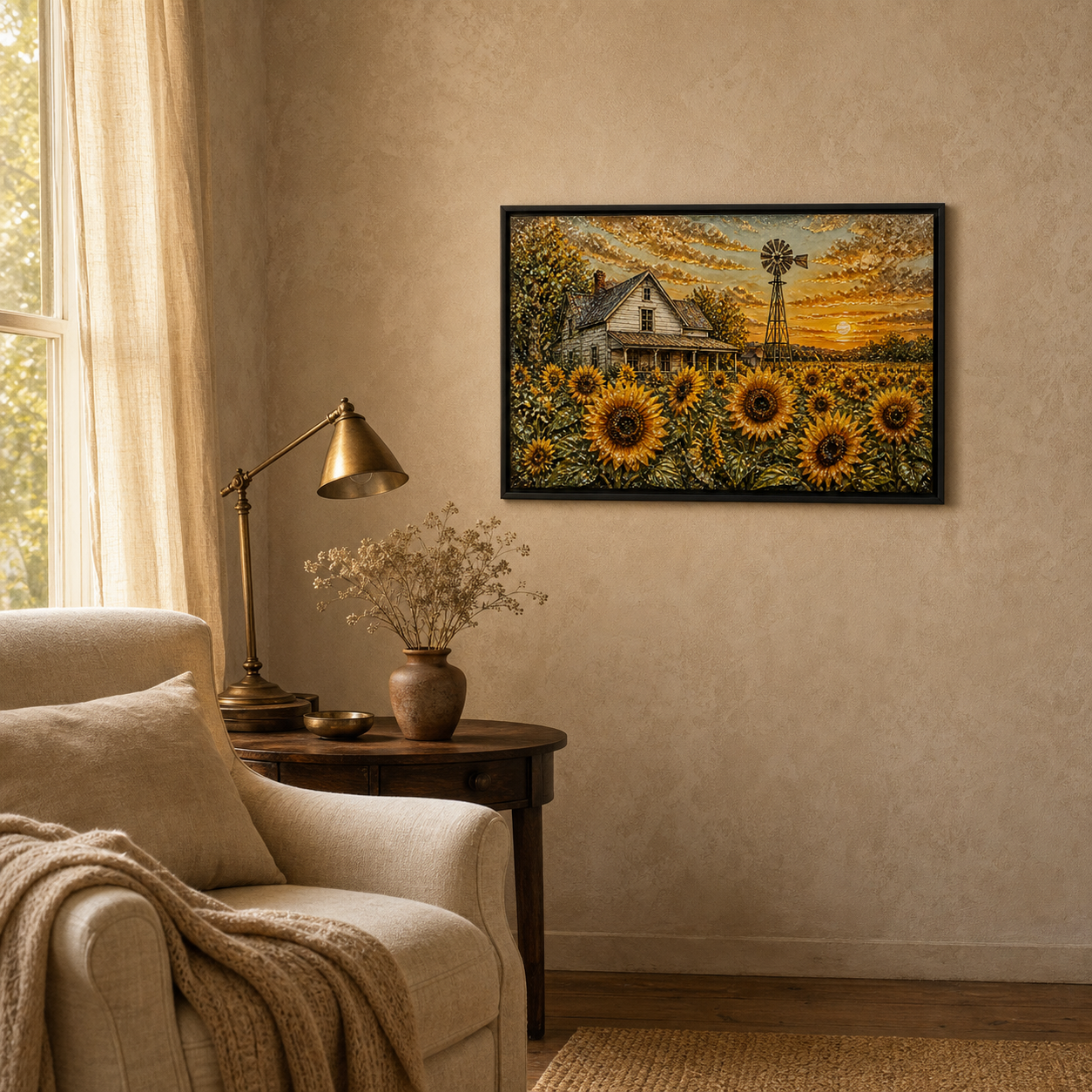 Where the Sun Rests displayed in a warm farmhouse-inspired living room.