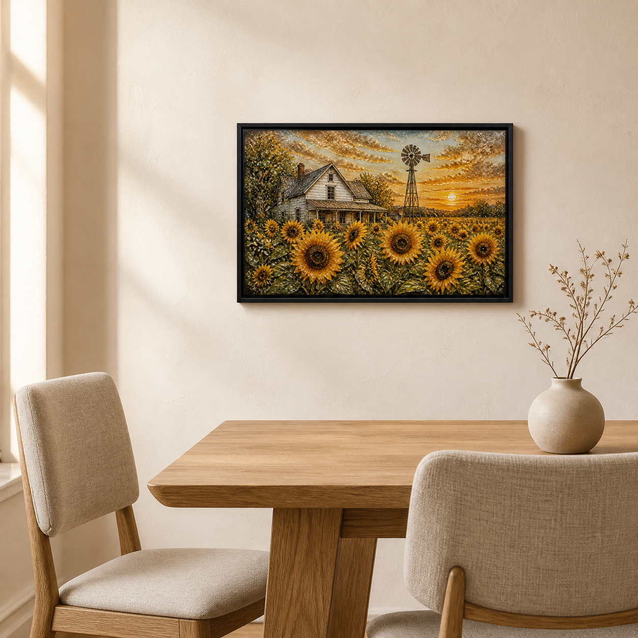 Where the Sun Rests displayed above a light wood dining table in a warm white room.