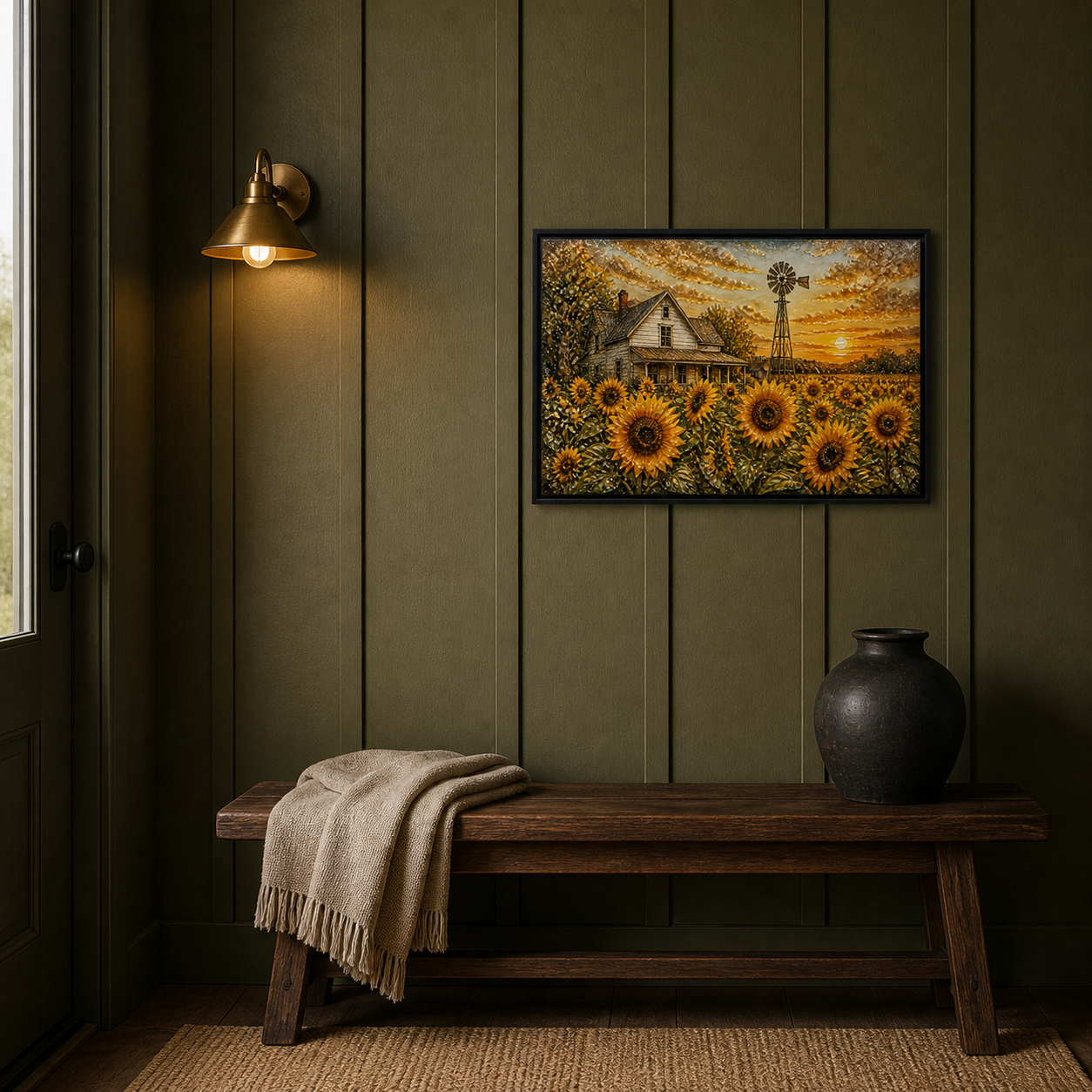 Where the Sun Rests displayed above a dark wood bench on an olive-green entryway wall.