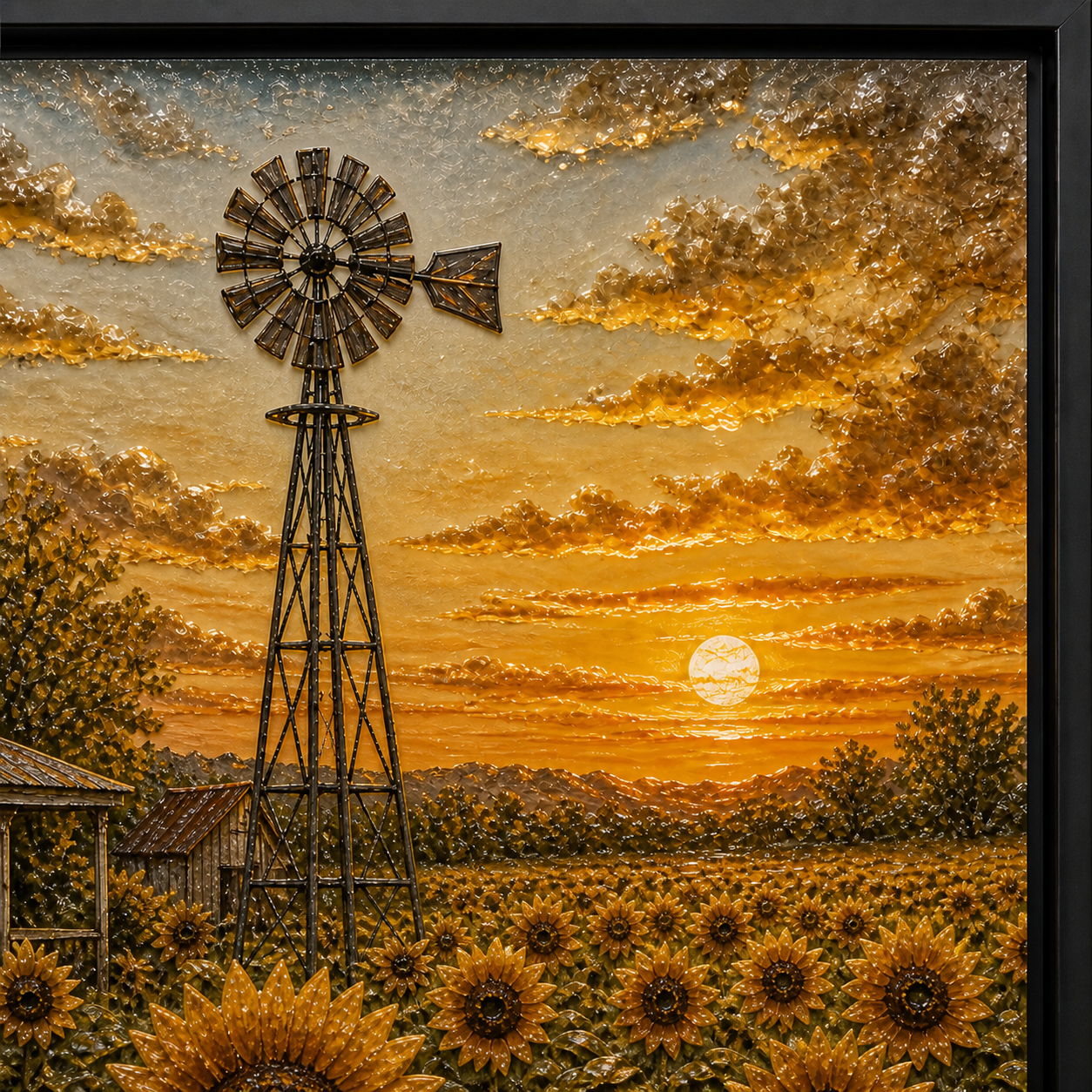 Close view of the windmill, golden sun, amber clouds, and distant sunflower field.