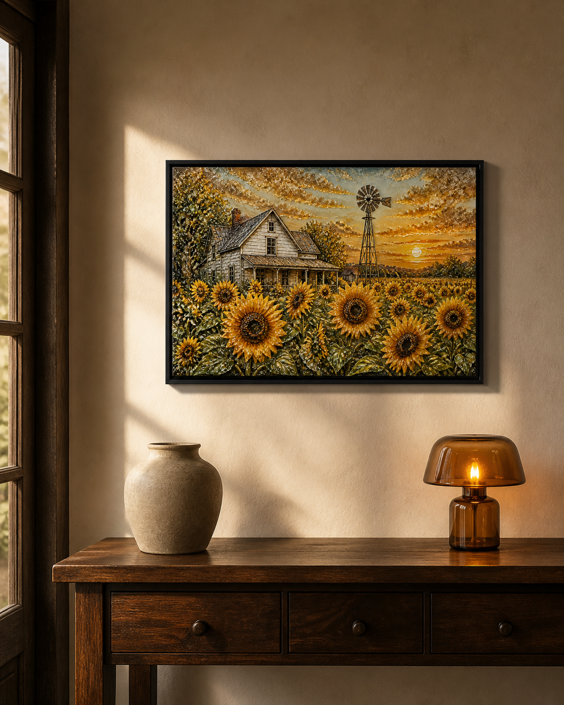 Where the Sun Rests displayed above a dark wood console in warm late-afternoon light.